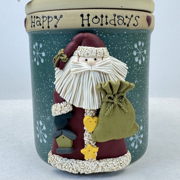 Happy Holidays Santa Claus Stoneware Cookie Jar with Lid Canister Crock 7.25 in - Picture 2 of 13